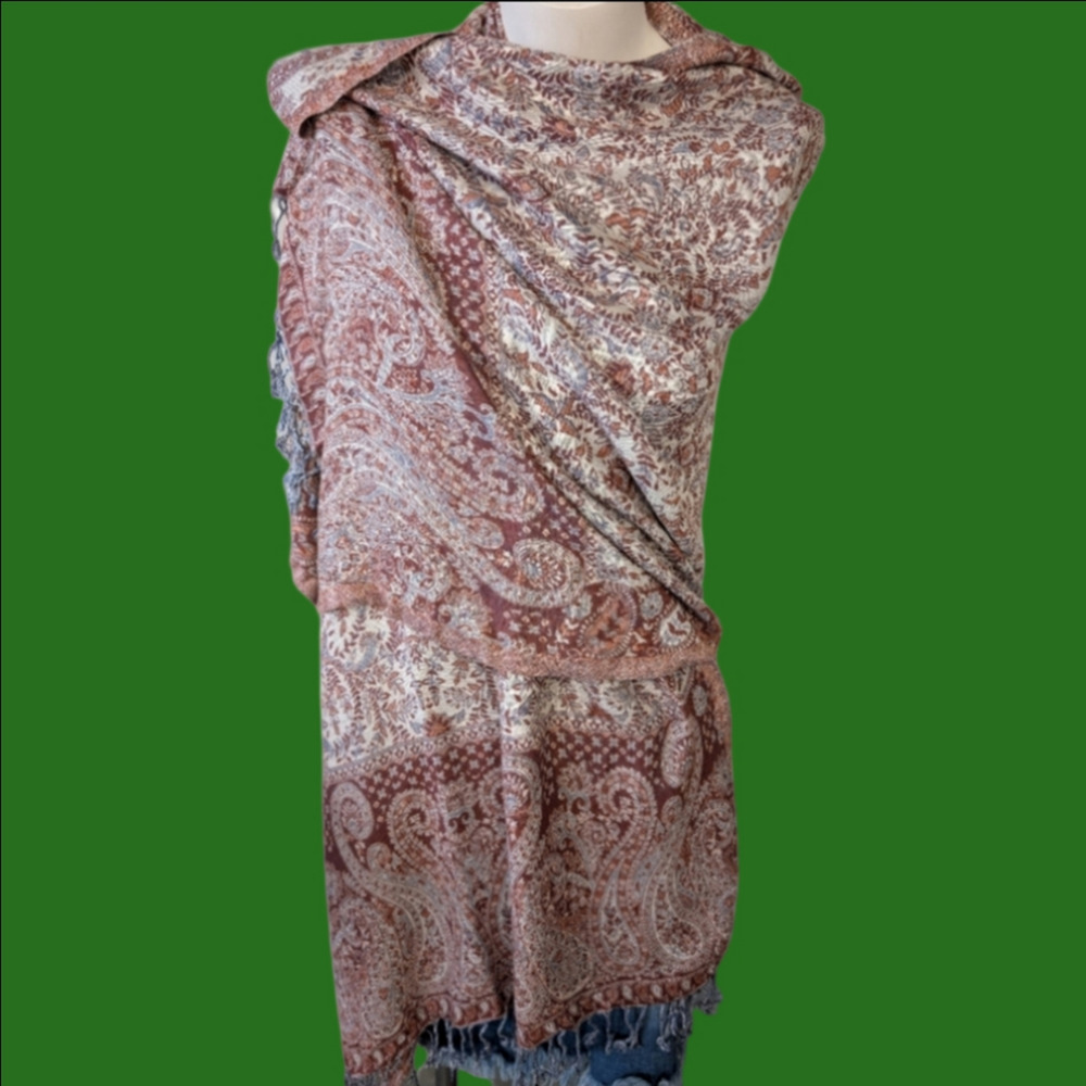 Scarf Shawl Wrap Large Style Paisley Patterned Cinnamon Light Blue With fringe.
